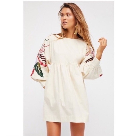 FREE PEOPLE Mini Obsessions Embroidered Dress Ivory Women's Size Large - Picture 3 of 9